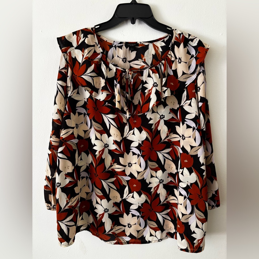 Ann Taylor Factory Black Orange Cream Ruffle Collar Fall Long Sleeve top large